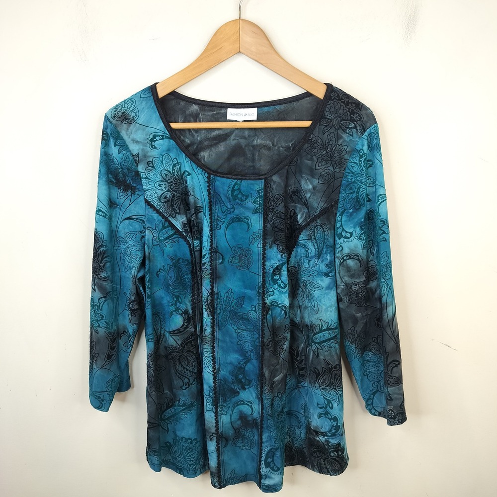 Fashion Bug Velvet Burnout Top Floral Paisley Y2K XL Women's Blue Black